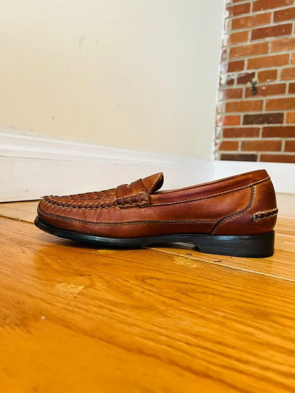 Bostonian Stadium Penny Loafers in brown leather, featuring a woven basket weave